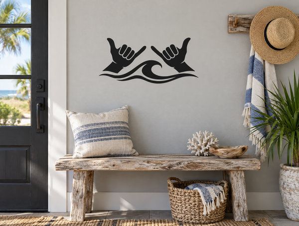 Beach-themed vinyl decal with two black hands raised above wave lines