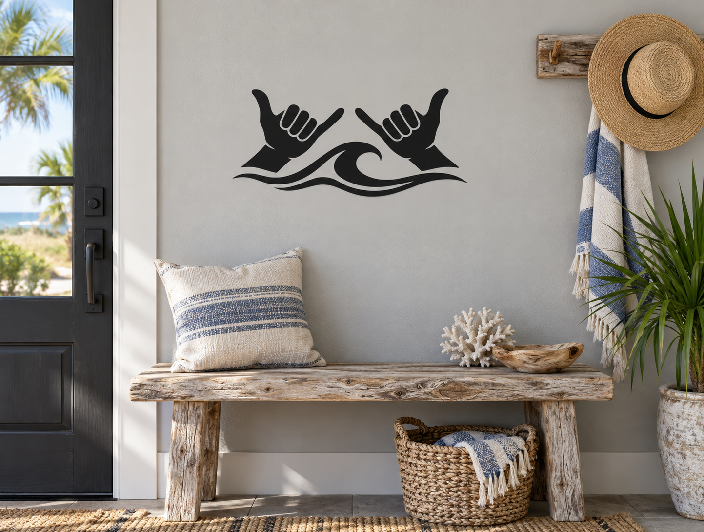 Beach-themed vinyl decal with two black hands raised above wave lines