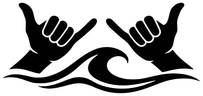 Close-up vinyl decal: two black hands above bold wave swirls