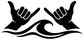 Close-up vinyl decal: two black hands above bold wave swirls