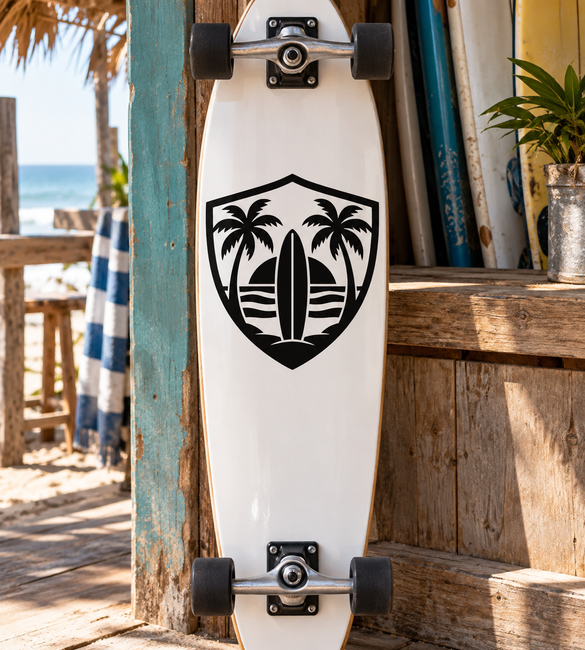 Skateboard deck vinyl decal: black shield with palm trees and surfboard icon