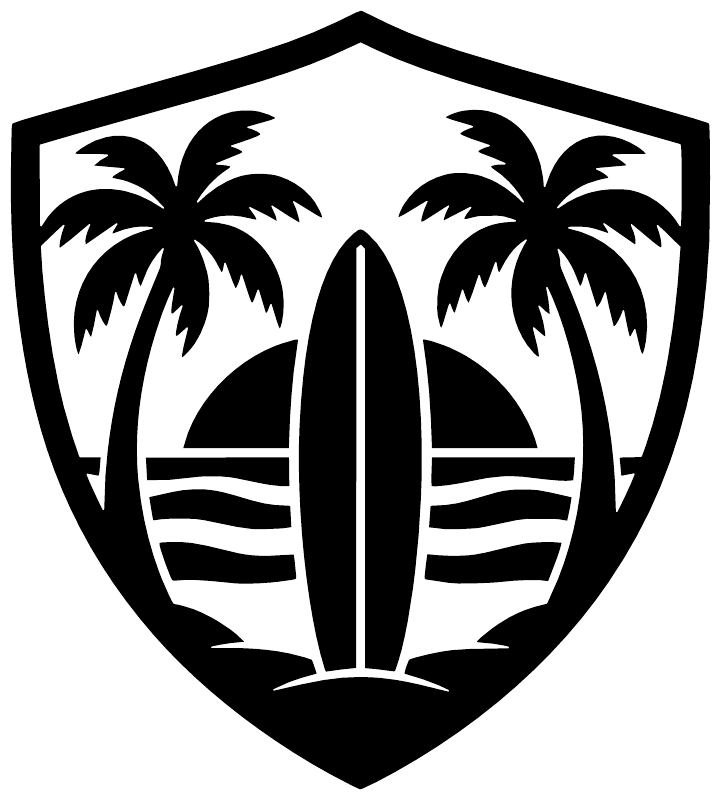 Black-and-white shield graphic vinyl decal with four palm trees and surfboard