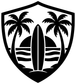 Black-and-white shield graphic vinyl decal with four palm trees and surfboard