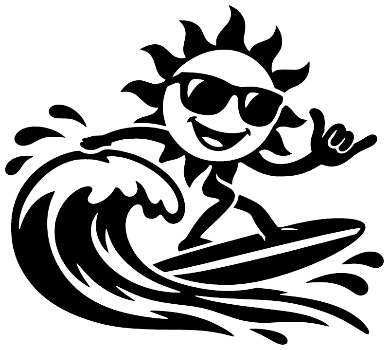 Surfing sun vinyl decal, black cartoon sun surfer riding wave with splash lines