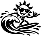 Surfing sun vinyl decal, black cartoon sun surfer riding wave with splash lines