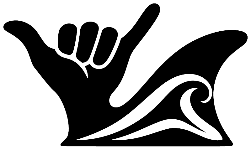 Black shaka hand and wave fin vinyl decal, close-up on white
