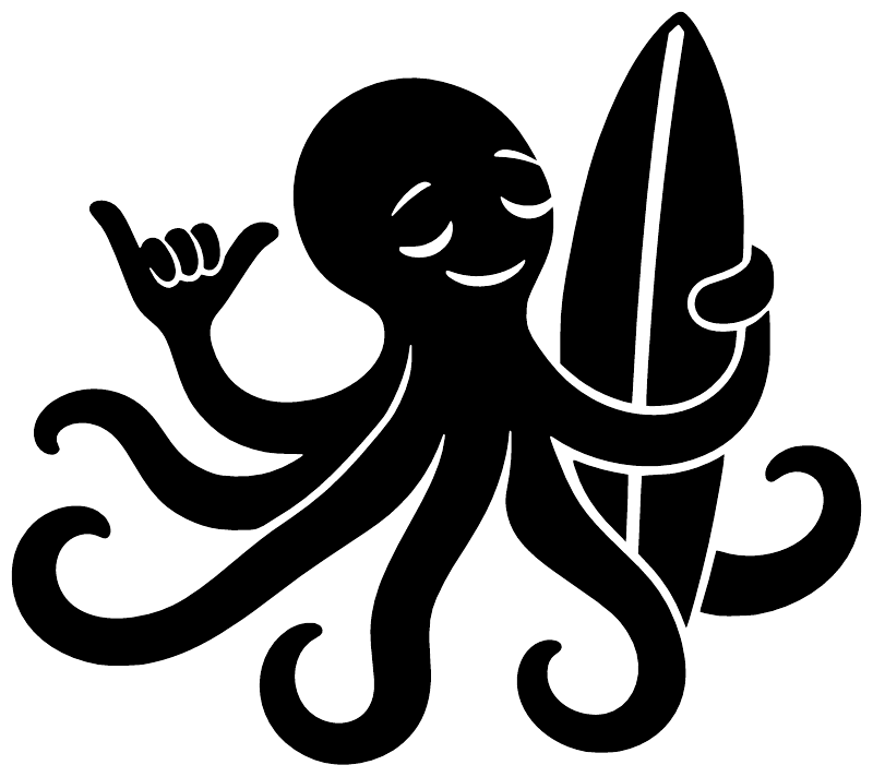 Black octopus vinyl decal with surfboard silhouette and curling tentacles