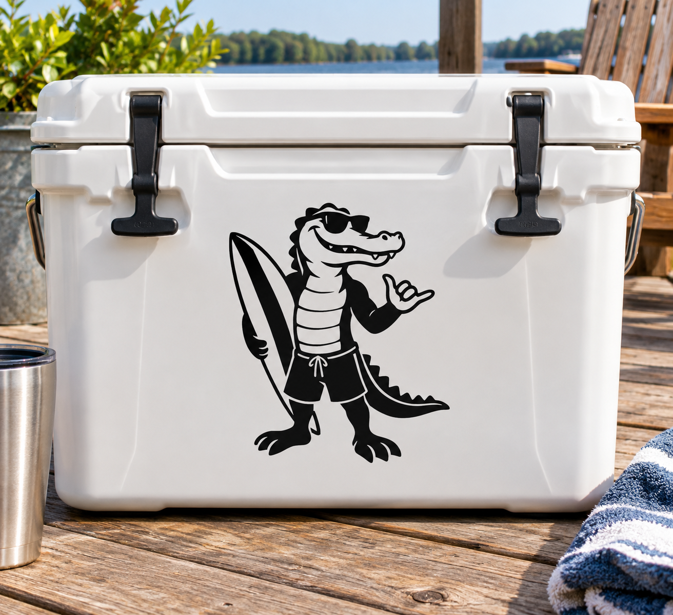 Vinyl gator beach decal of black cartoon crocodile with surfboard