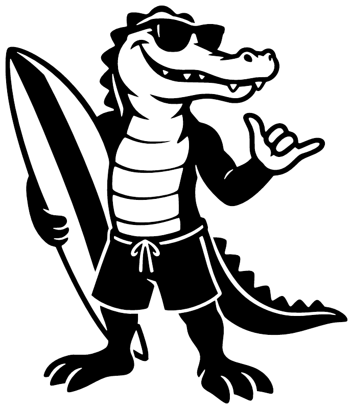Vinyl gator beach decal of black cartoon alligator holding fist pose