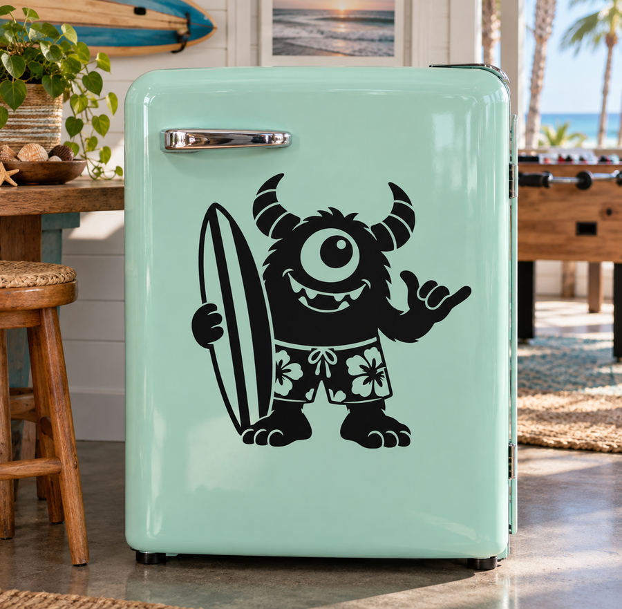 Black wave monster vinyl decal of a cartoon creature holding a surfboard
