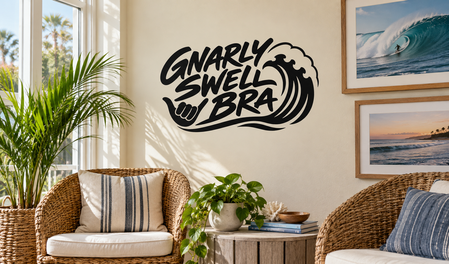Vinyl wall decal showing the Gnarly Swell BRA logo in black with white outline