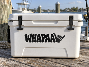 Vinyl decal with bold black WHAPAA logo and hand graphic on a cooler
