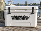 Vinyl decal with bold black WHAPAA logo and hand graphic on a cooler