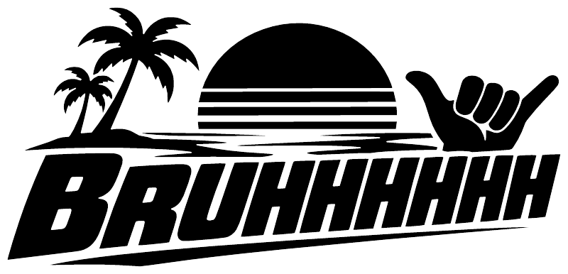 Vinyl decal close-up: black palm trees, hand gesture, sunset, and BRUHHHHHH lettering