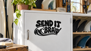 Send It Bra vinyl decal with bold black "SEND IT" lettering and bra icon