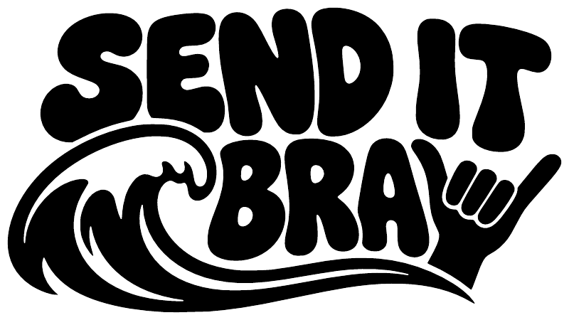 Close-up Send It Bra vinyl decal featuring black "SEND IT BRA" text and hand icon