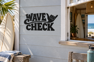 Wave Check vinyl decal with hand graphic, black lettering on light surface