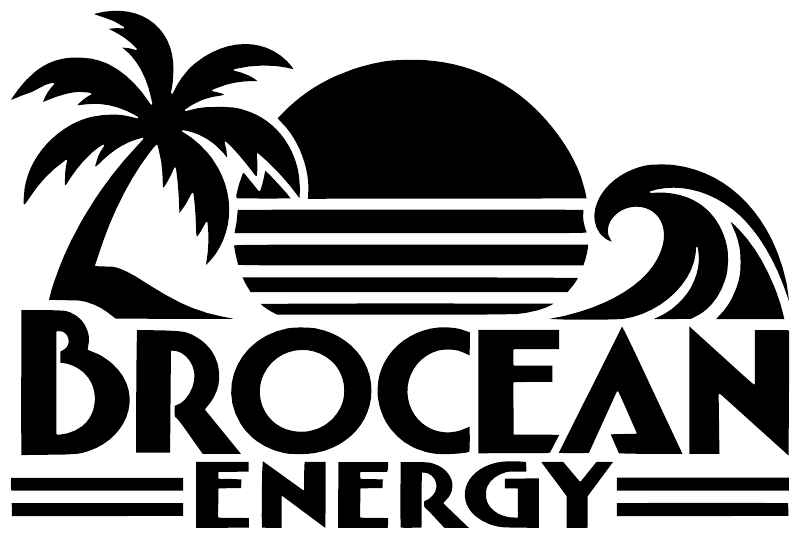Black BROCEAN ENERGY vinyl decal featuring palm tree, sun, and wave lines