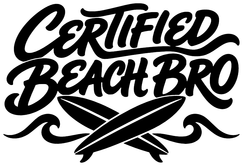 Certified Beach Bro vinyl decal, bold black lettering with surfboard and wave accents