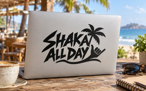 Shaka All Day vinyl decal with palm tree and hand graphic