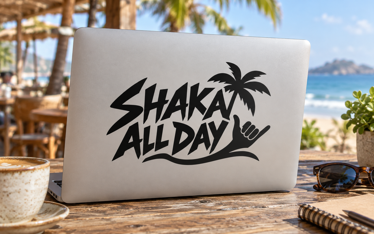 Shaka All Day vinyl decal with palm tree and hand graphic