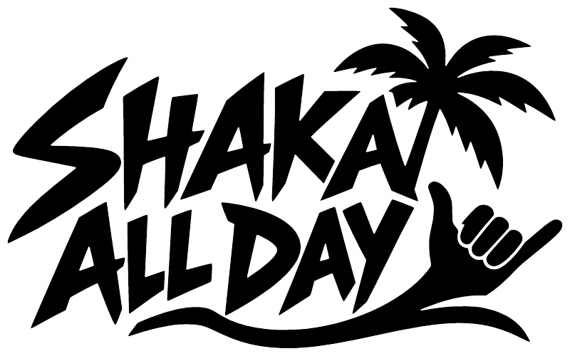 Shaka All Day vinyl decal, bold black lettering with palm tree and hand
