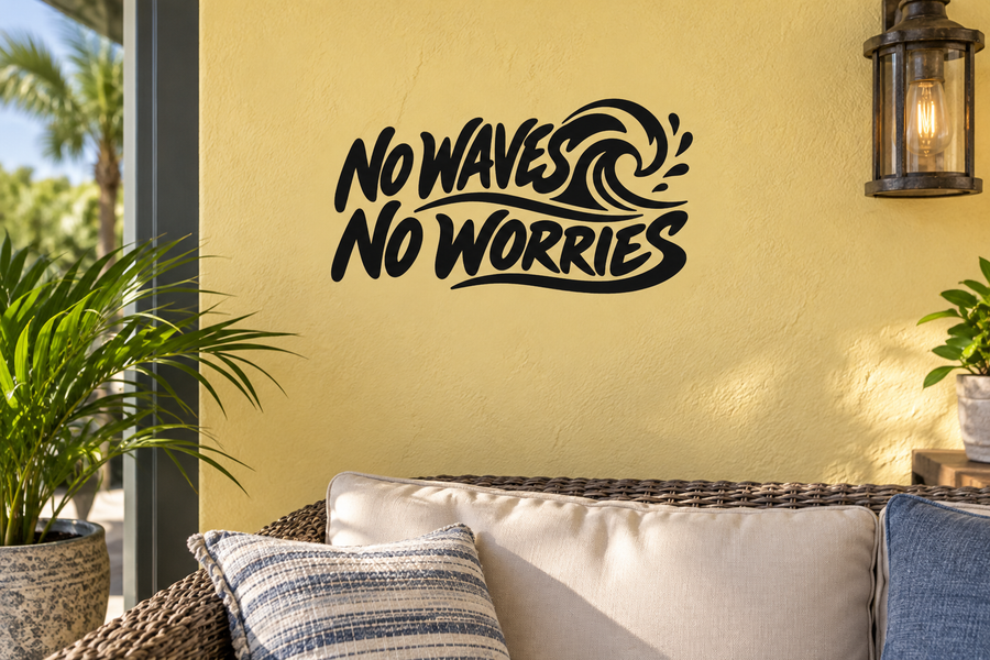 Black 'No Waves No Worries' vinyl decal with stylized wave design