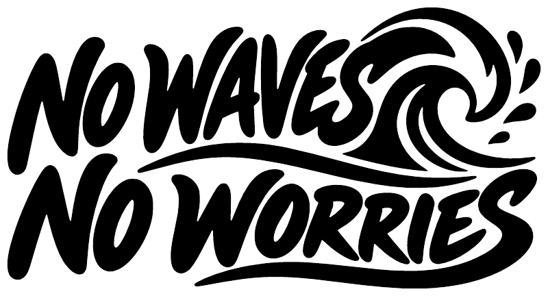 Black 'No Waves No Worries' vinyl decal with large wave swirl graphic