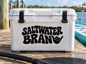 Vinyl decal with bold "Saltwater Brain" text and brainwave icon in black