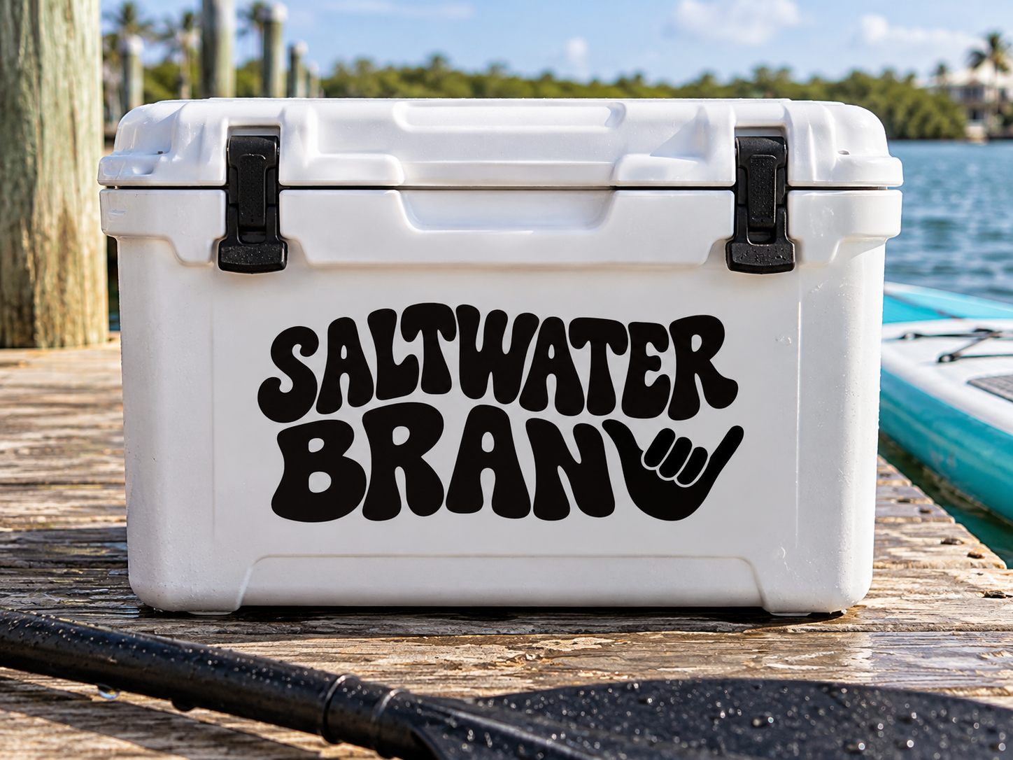 Vinyl decal with bold "Saltwater Brain" text and brainwave icon in black