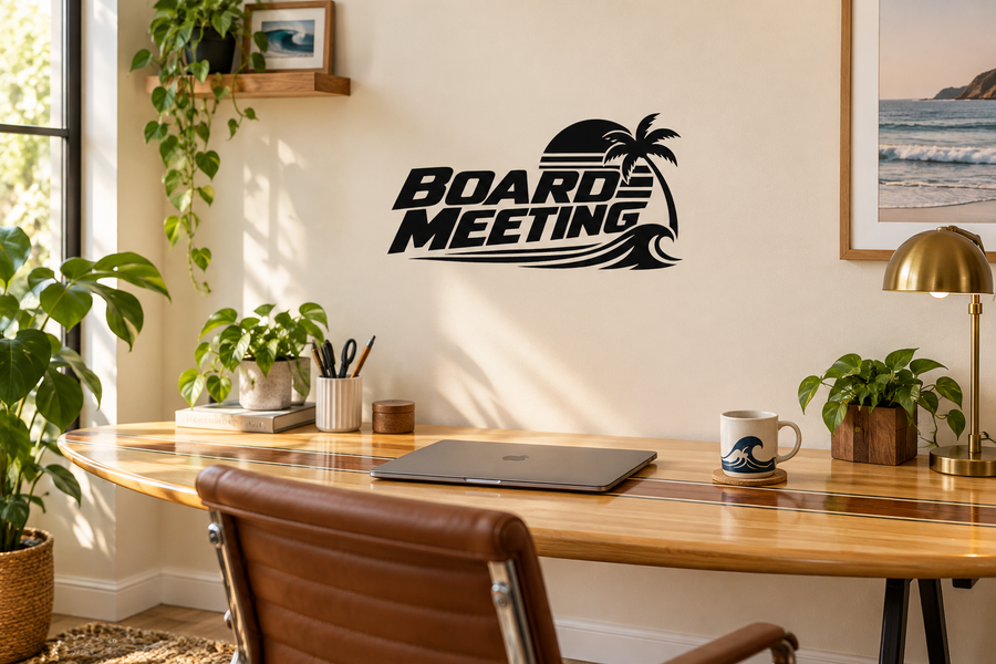 Board Meeting vinyl wall decal with palm tree graphic and wave stripes