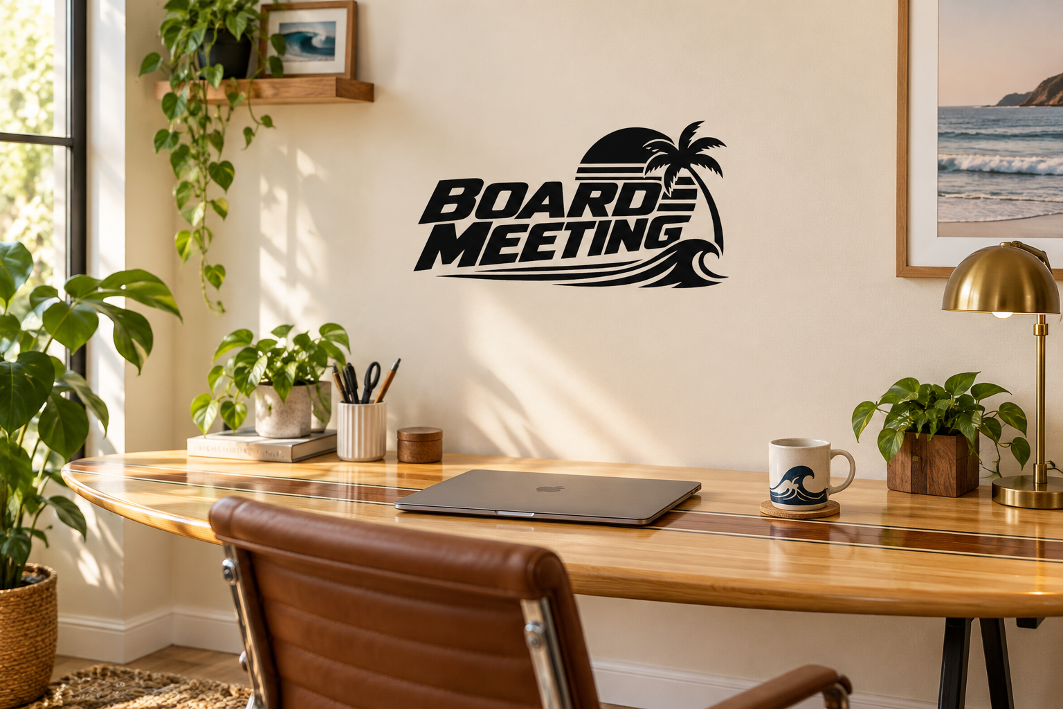 Board Meeting vinyl wall decal with palm tree graphic and wave stripes