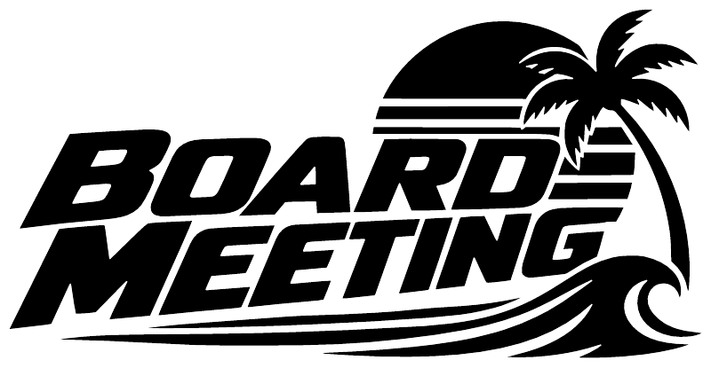 Close-up Board Meeting vinyl decal with bold text, palm tree, and wave stripes