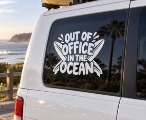 Vinyl decal with bold black text reading “OUT OF OFFICE” and “OCEAN” in white and black