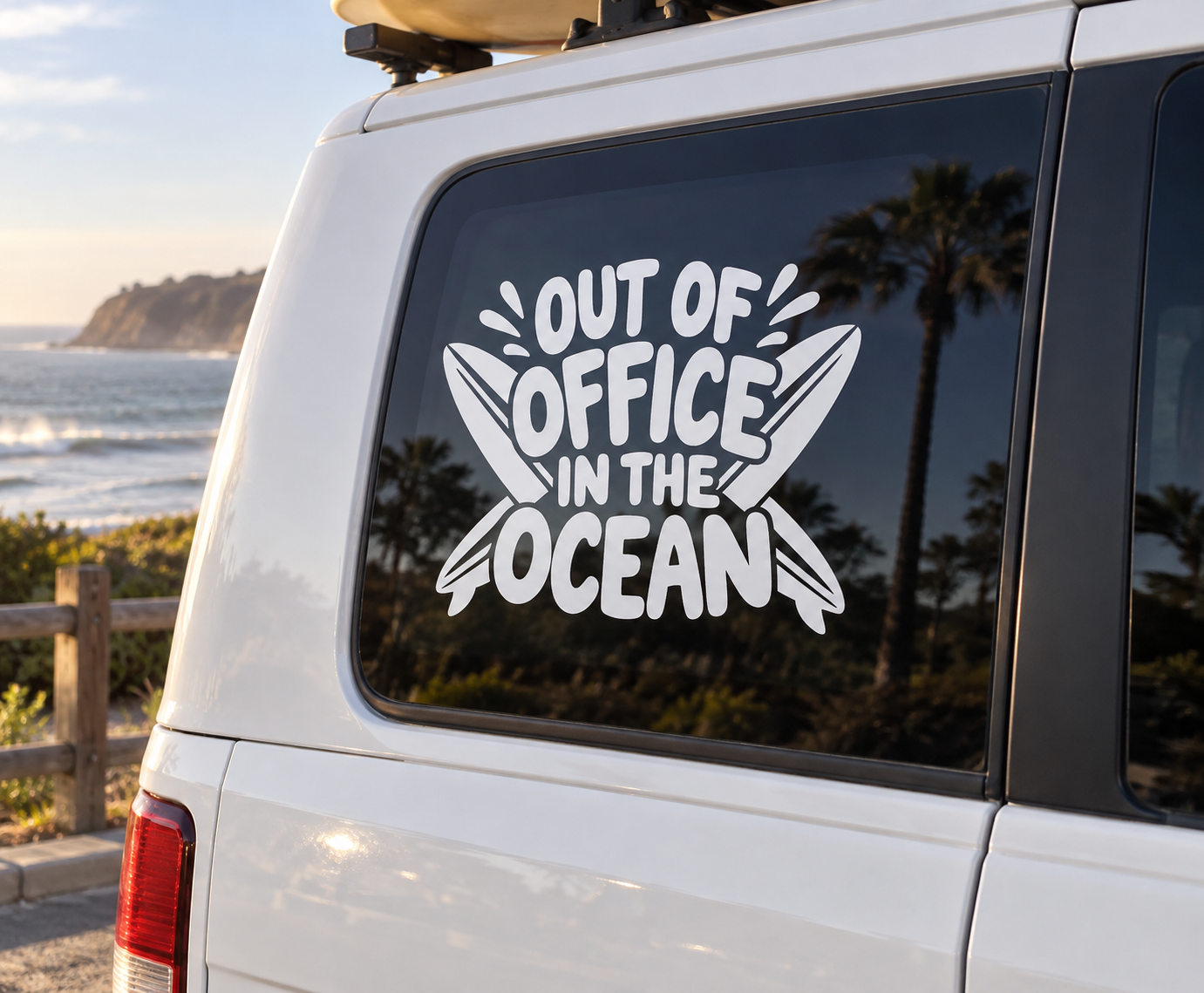 Vinyl decal with bold black text reading “OUT OF OFFICE” and “OCEAN” in white and black