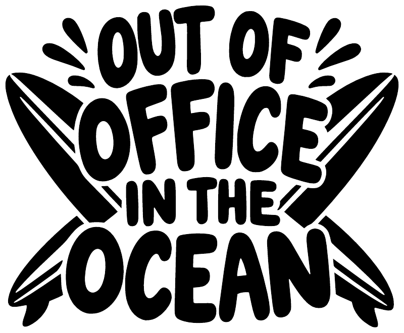 Vinyl decal graphic with crossed arrow shapes and bold text “OUT OF OFFICE” and “IN THE OCEAN”