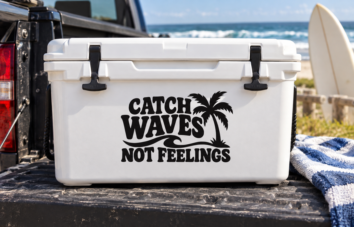 Vinyl decal reading "CATCH WAVES NOT FEELINGS" with palm tree graphic