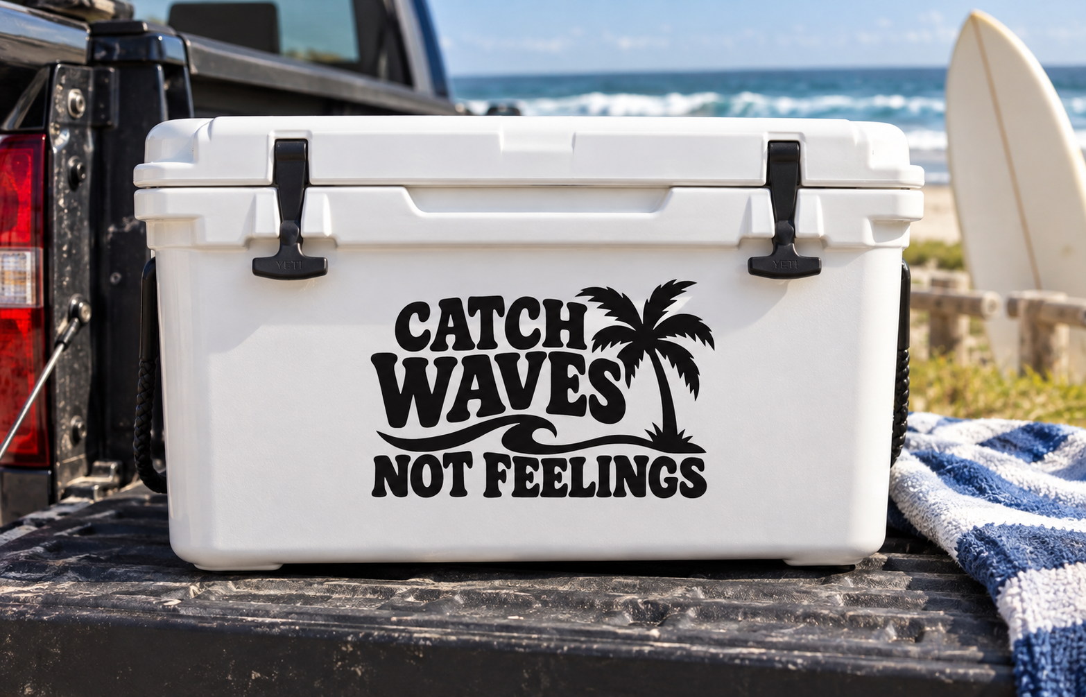 Vinyl decal reading "CATCH WAVES NOT FEELINGS" with palm tree graphic