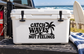 Vinyl decal reading "CATCH WAVES NOT FEELINGS" with palm tree graphic
