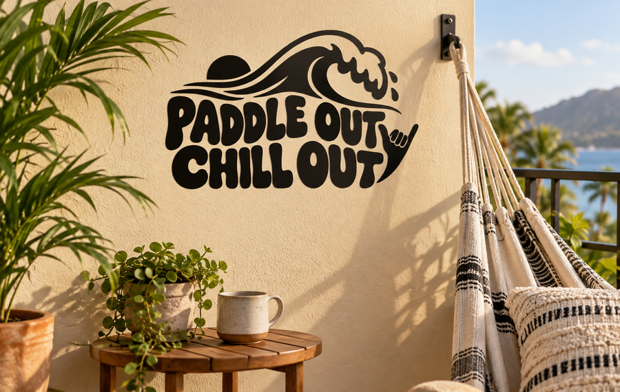 Black vinyl decal with wave paddle and large 'PADDLE OUT CHILL OUT' lettering