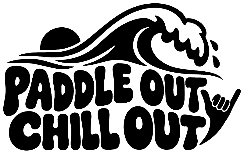 Black vinyl decal close-up with wave, paddle, and bold 'PADDLE OUT CHILL OUT' logo