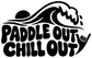 Black vinyl decal close-up with wave, paddle, and bold 'PADDLE OUT CHILL OUT' logo