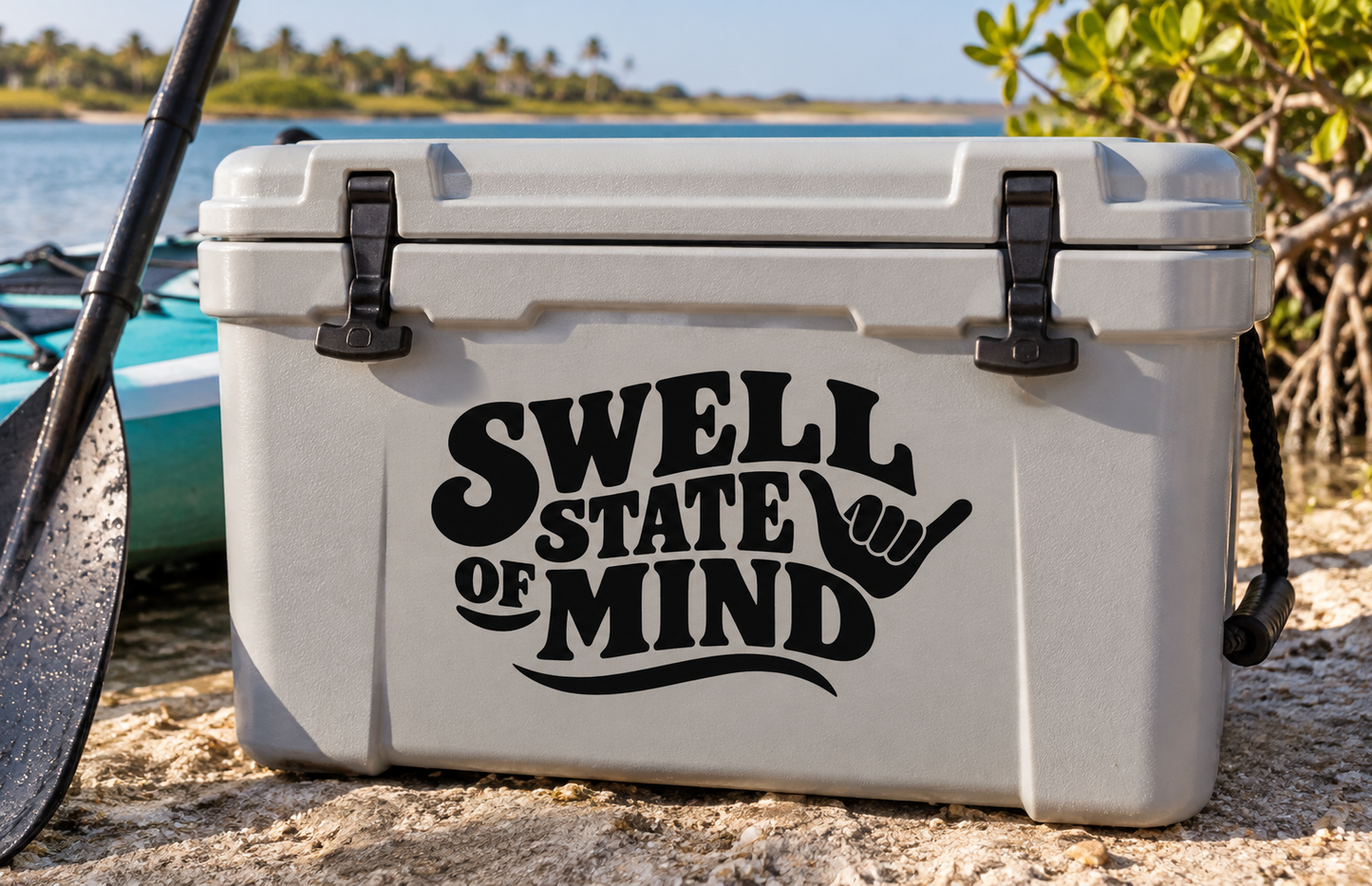 Swell State of Mind vinyl decal for cooler, black lettering with hand icon