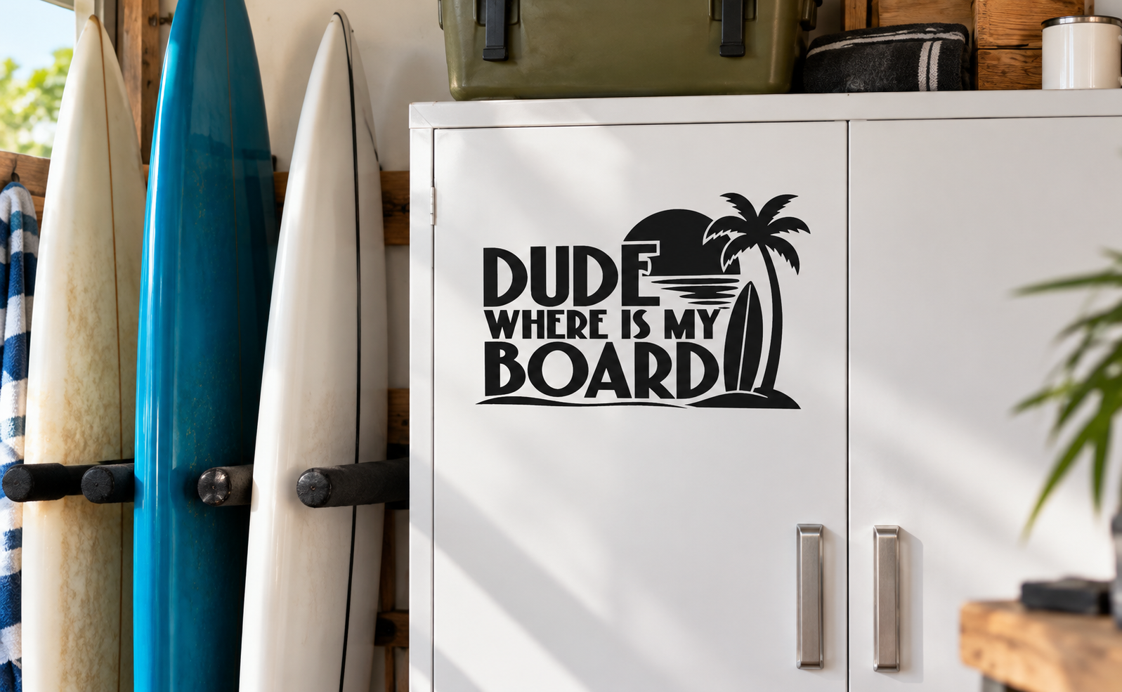 Black vinyl decal with bold "Dude Where Is My Board" text and palm tree