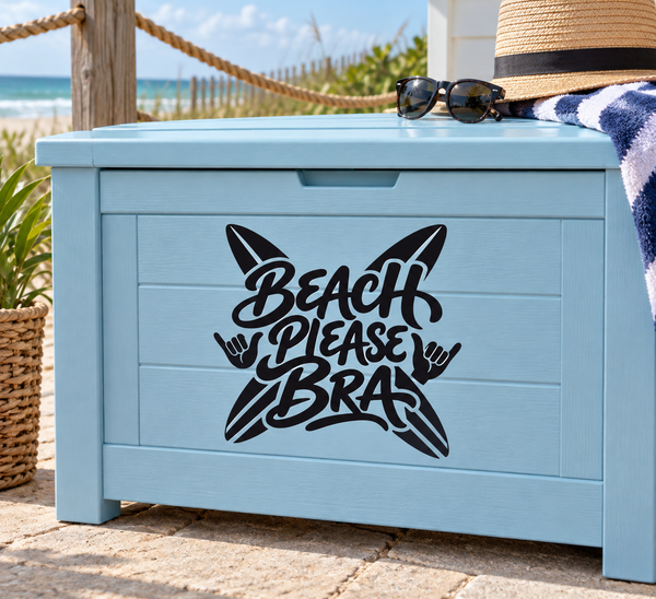 Vinyl decal with 'Beach Please Bra' text and starfish icon