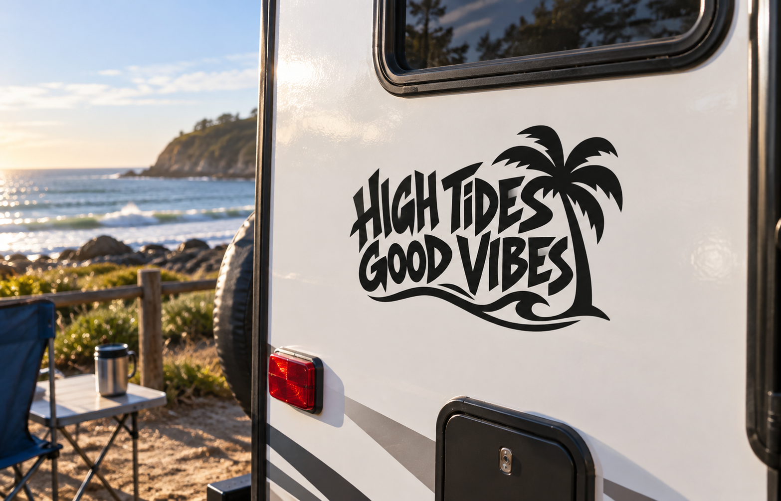 Vinyl decal with bold “High Tides Good Vibes” text and palm tree silhouette