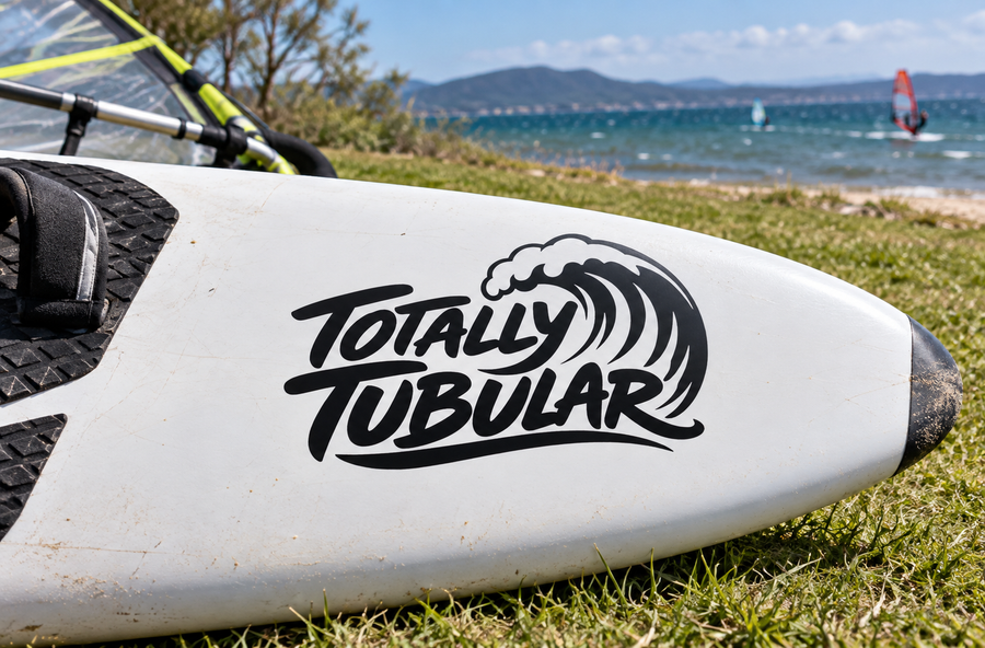 Vinyl decal with Totally Tubular logo in black on surfboard nose