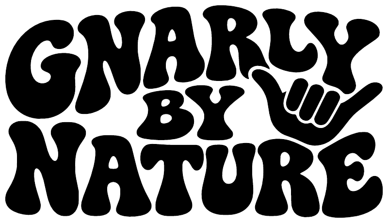 Vinyl decal with bold 'GNARLY BY NATURE' text and fist icon, black letters on white.