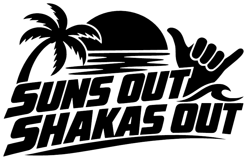 Vinyl decal graphic with palm tree, sunset circle, and "SUNS OUT SHAKAS OUT" text