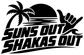Vinyl decal graphic with palm tree, sunset circle, and "SUNS OUT SHAKAS OUT" text